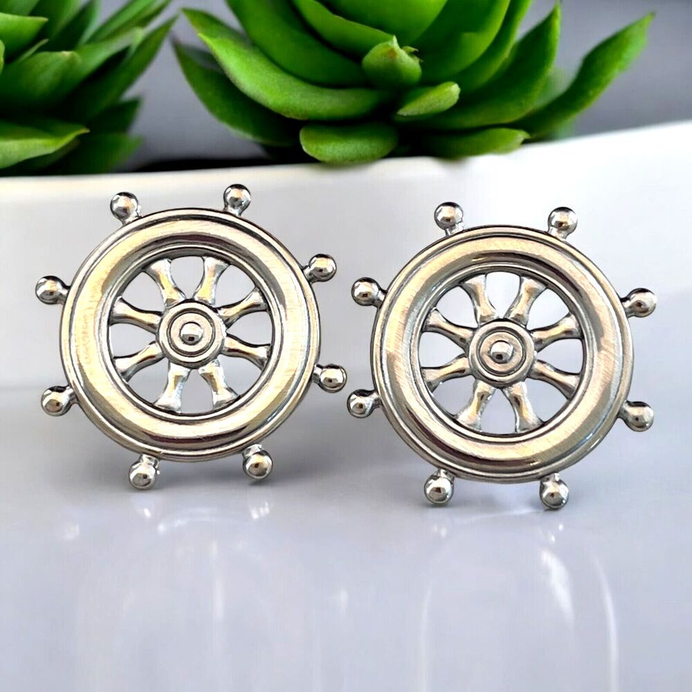 Vintage Nautical Ship Wheel Earrings Silver Tone Pierced NOS - 7R